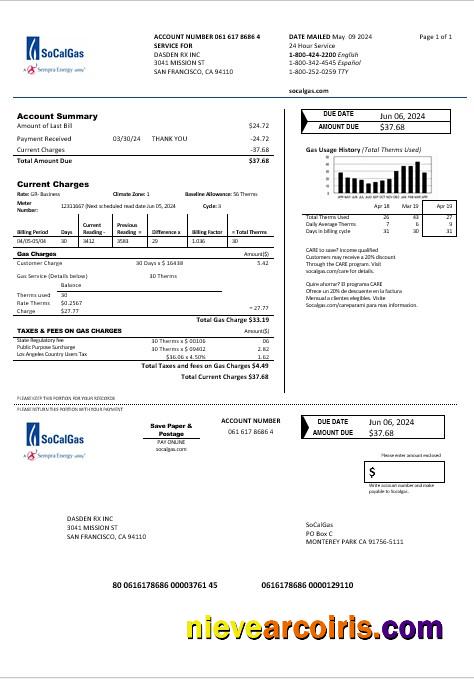 USA California SoCal Gas business utility bill